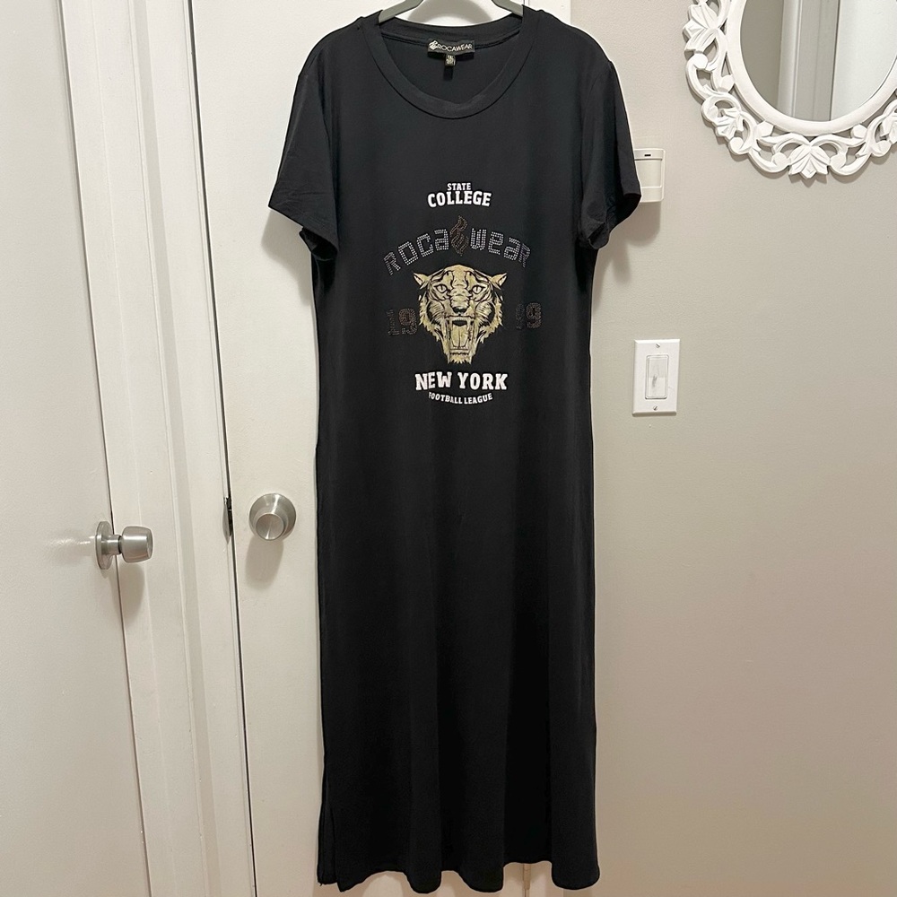 Rocawear Y2K Maxi Shirt Dress 1X Plus Black Tiger Side Slits Studded Gems Logo